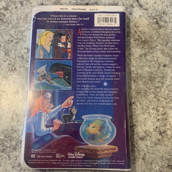 Disney Pinocchio VHS Masterpiece Edition 1993 Clamshell Factory Sealed - Picture 3 of 6